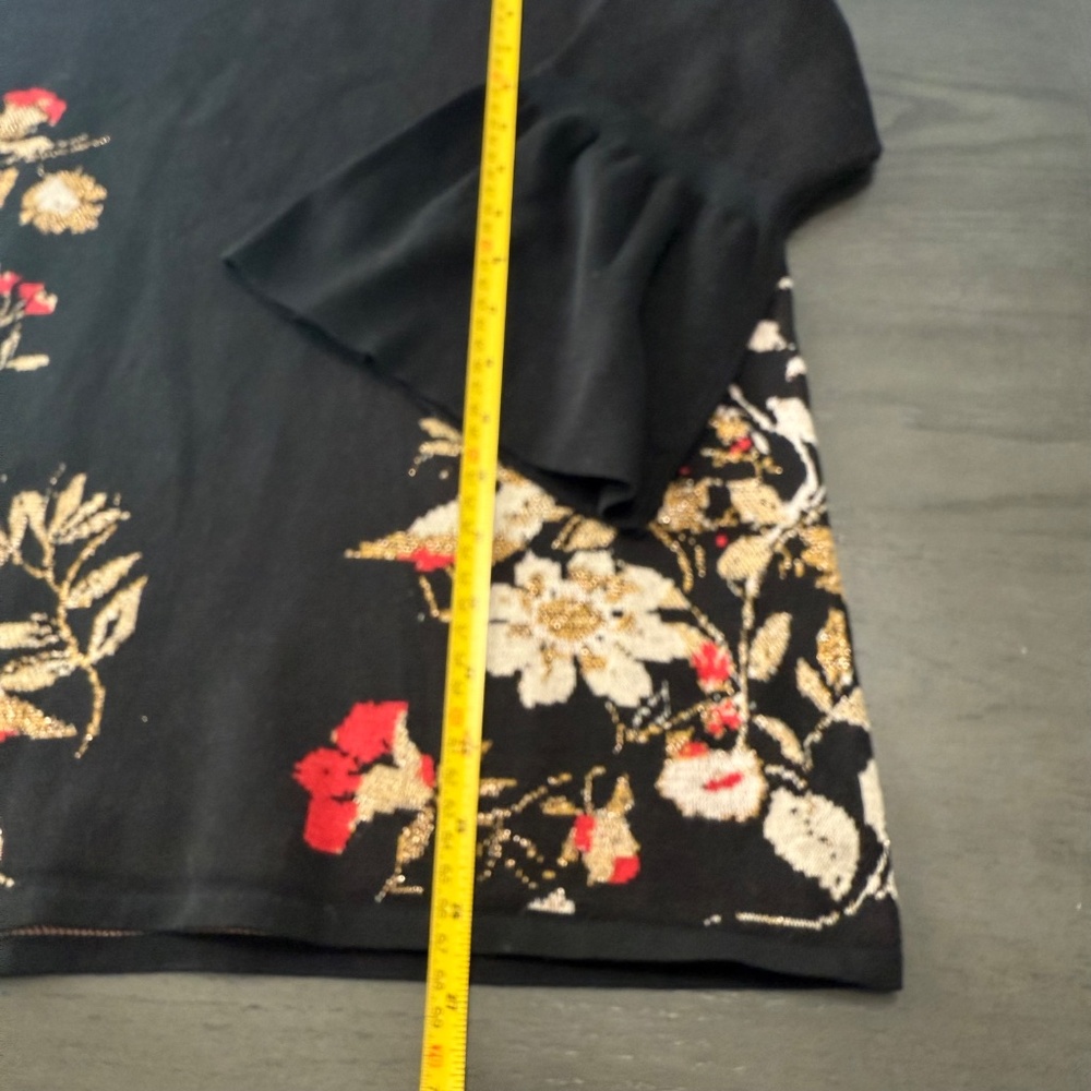Chicos 2 Floral Sweater Womens Size Large Black 100% Cotton Jacquard Bell Sleeve - Picture 7 of 9